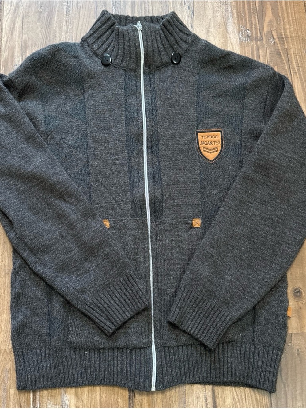 Men's Charcoal and Brown Full-Zip Sweater with Patch